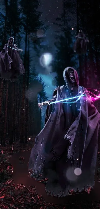 Hooded ghosts float in a mystical, dark forest with glowing lights.