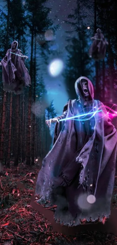 Mystical forest with ghostly figures and vibrant lights in a dark, enchanting scenery.