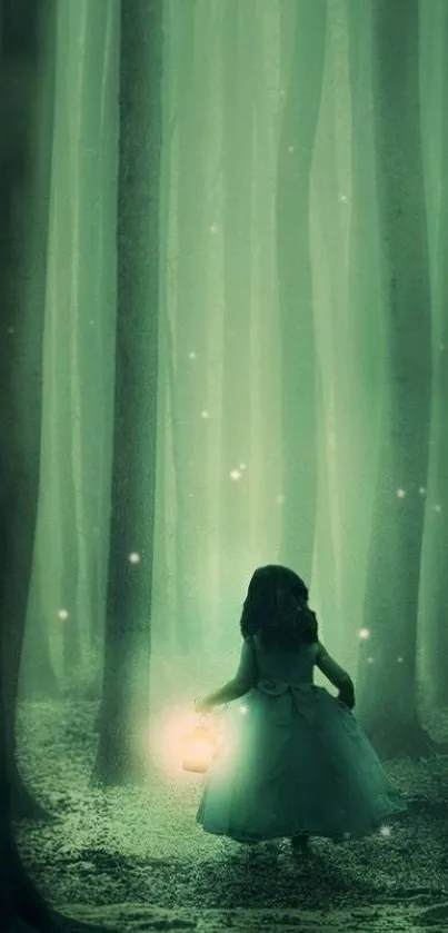 Girl holding lamp in forest with mystical green light.