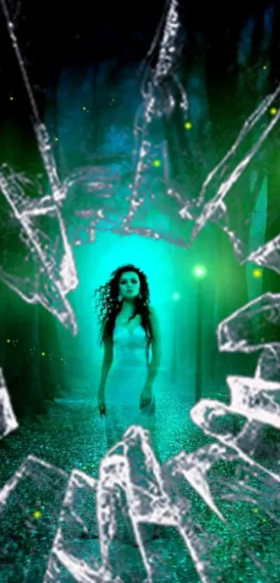 Mystical figure through shattered glass in an enchanted forest portal.