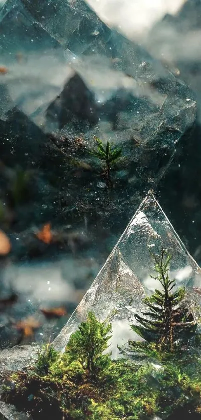 Glass pyramid with forest scene in a misty mountain setting.