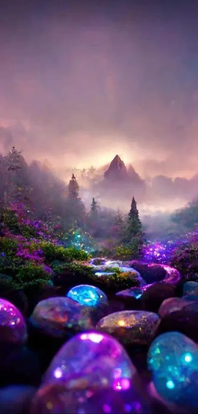 Mystical forest with glowing stones in vibrant purples and blues at twilight.