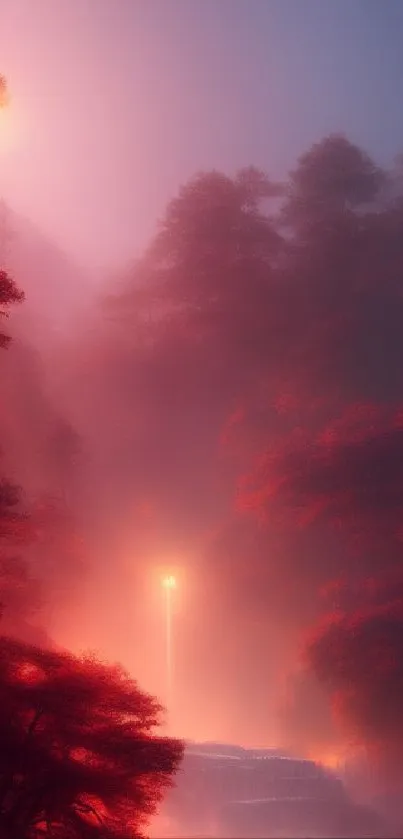 A mystical forest scene with red and purple undertones, exuding a magical glow.