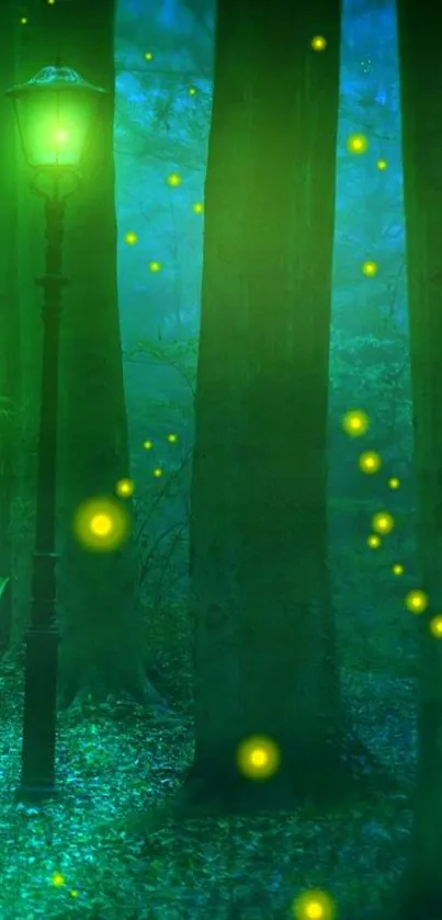 Mystical forest wallpaper with glowing fireflies and a lamppost in vibrant green.