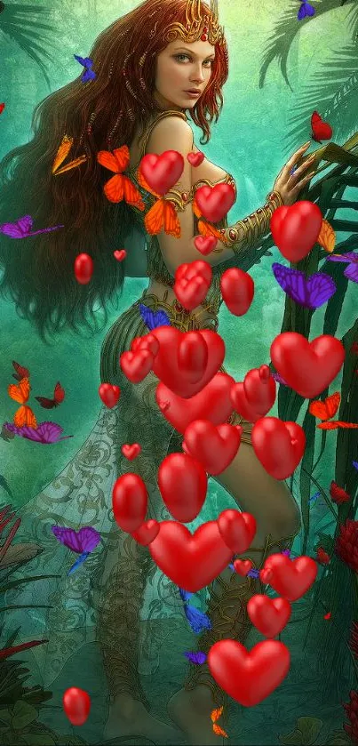 Mystical forest goddess with red hair in enchanted setting.