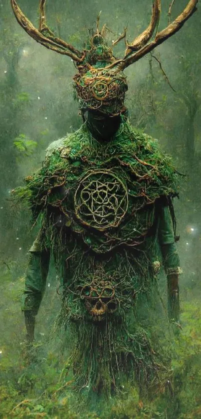 Mystical forest guardian with antlers in green tones.