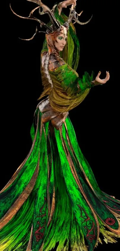 Fantasy guardian with antlers in a vibrant green dress on black background.