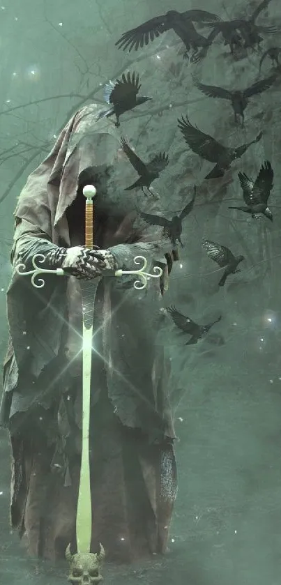 Mystical forest wallpaper with hooded guardian and glowing sword.