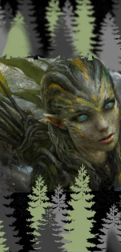 Mystical forest guardian in a fantasy scene with ethereal olive green tones.