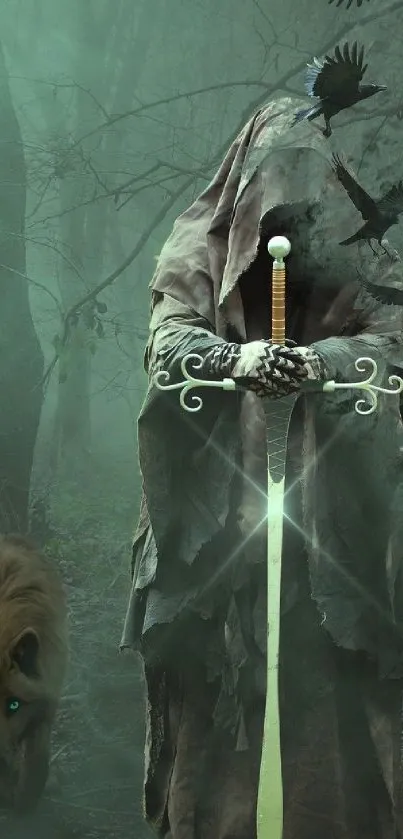 Mystical figure in forest with sword, dark ambiance.