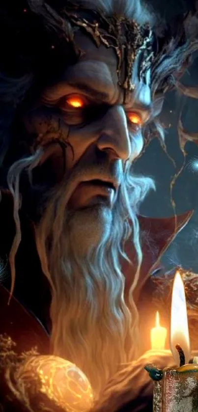 Mystical forest guardian with glowing orbs in a dark, enchanting forest scene.
