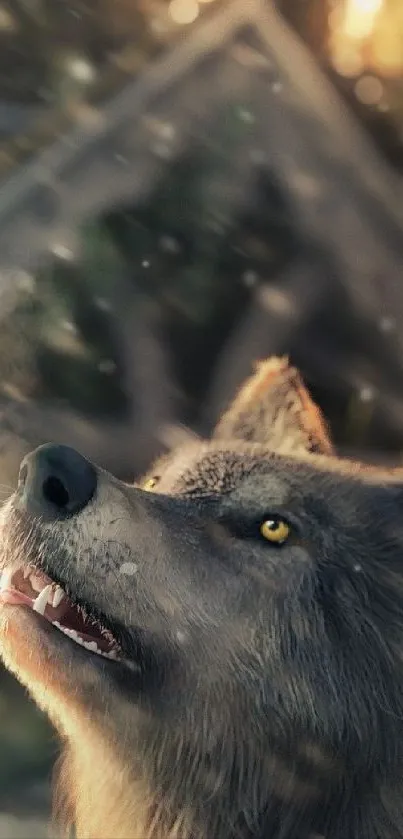 Fantasy scene with a mystical woman and a wolf in a forest setting.