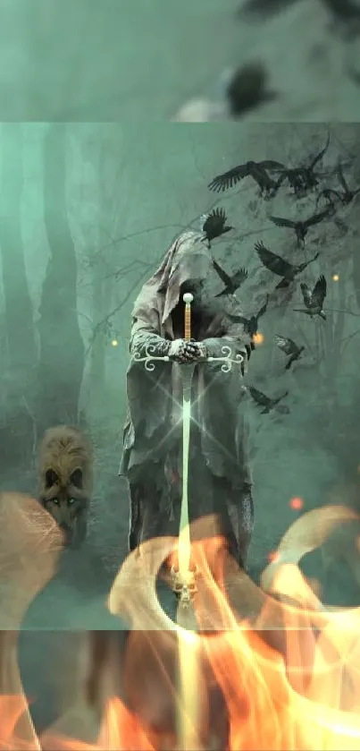 Hooded guardian with glowing sword in misty forest.