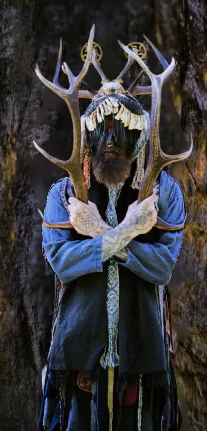 Forest guardian with antlers in mystical setting.