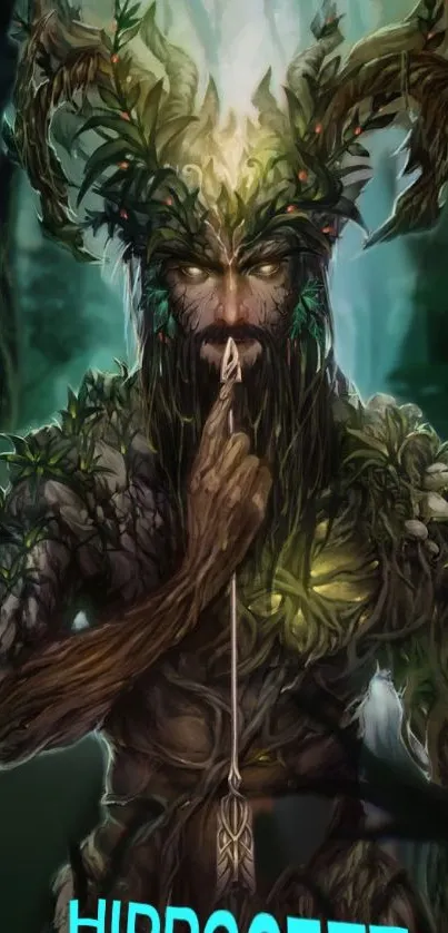 Mystical forest guardian with antlers and leafy attire in a dark forest setting.