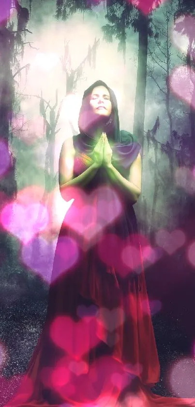 Serene figure in mystical forest with heart bokeh.