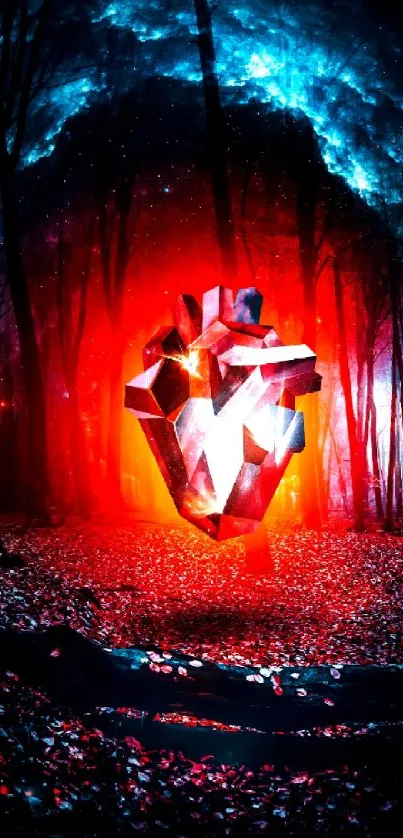 Abstract heart glowing in a mystical forest with vivid cosmic background.