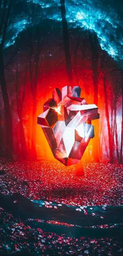 Geometric heart glowing in mystical forest wallpaper.