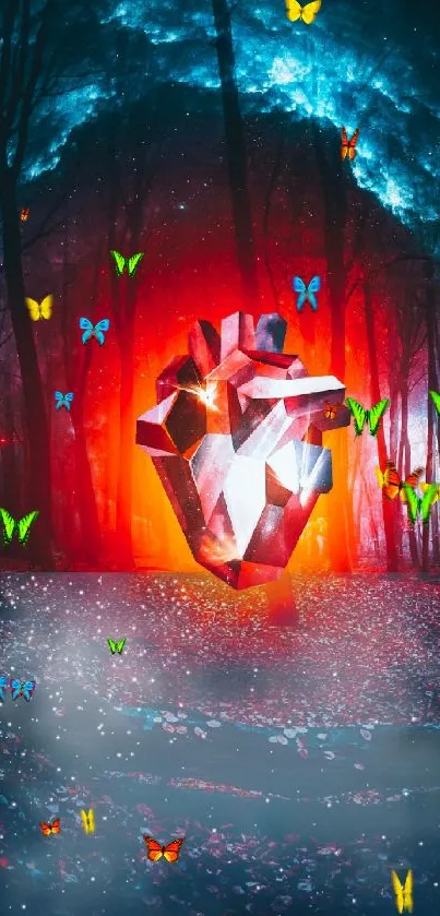 Glowing gem heart in a mystical forest with cosmic lights.