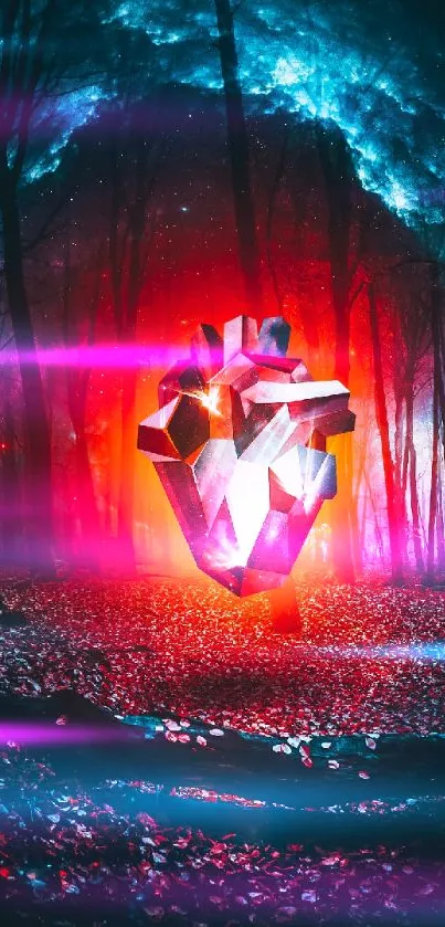 Abstract glowing heart in mystical forest with vibrant colors.