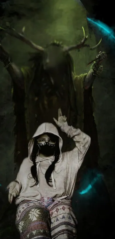 Hooded figure in mystical forest wallpaper with dark green tones.