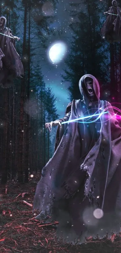 Hooded figure in a dark, enchanted forest casting colorful spells at night.