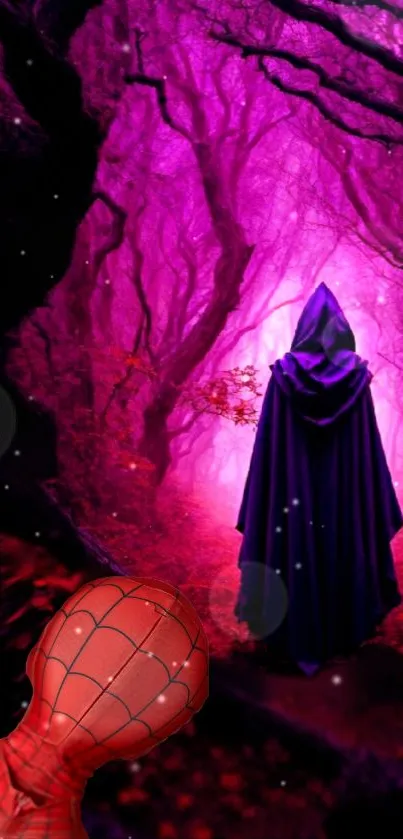 A hooded figure in a mystical, purple forest setting, exuding magical allure.