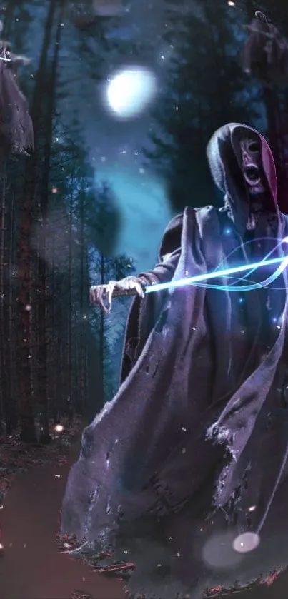 Hooded figure with glowing energy in a dark mystical forest.