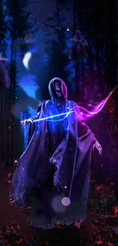 Hooded figure in a mystical forest with purple and blue lights.