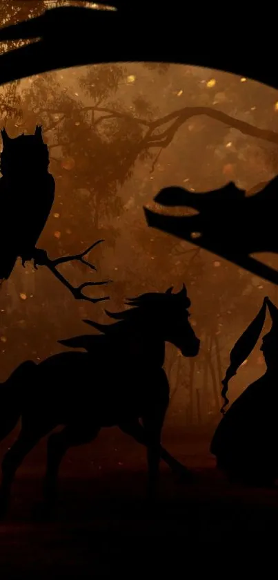 Silhouette of a horse in a mystical, dimly lit forest landscape.