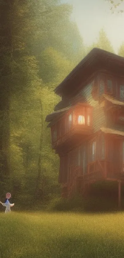 Mystical house in a lush green forest wallpaper.