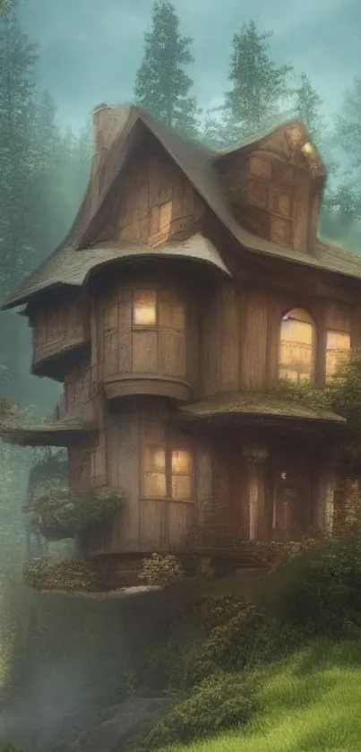 Charming wooden house nestled in a tranquil forest setting, perfect for mobile wallpaper.