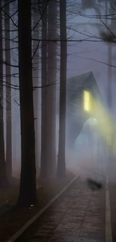 Misty forest with a house and glowing windows, creating an eerie atmosphere.