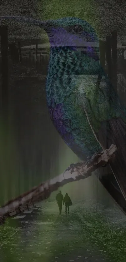 Mystical wallpaper of a hummingbird in a dark forest setting.