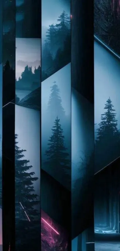 Geometric forest wallpaper with mystical lighting effects.