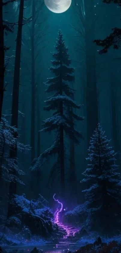 Moonlit forest with purple glowing path and tall trees.