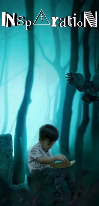 Child reading in a mystical teal forest with inspirational text.