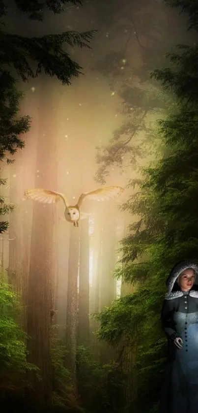 Mystical forest with owl and figure holding lantern.