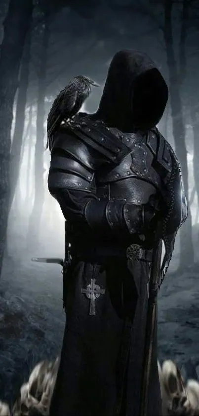 Hooded knight with raven in shadowy forest