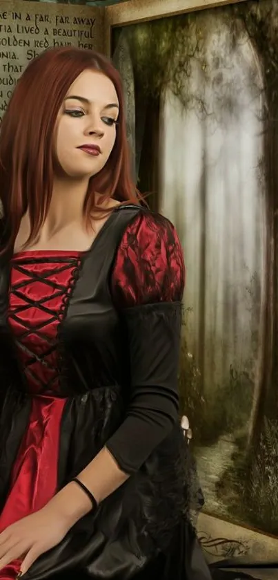 Mystical lady in red and black gown by a forest.