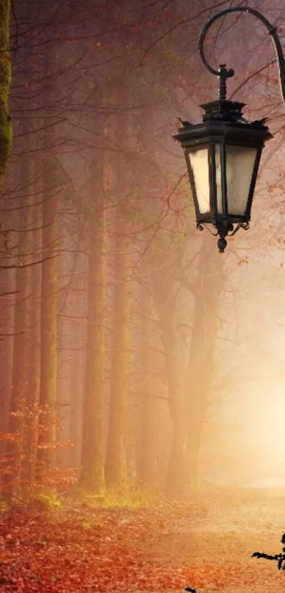 Mystical forest path with a glowing vintage lamp post.