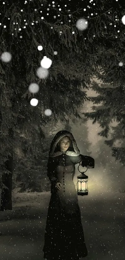 Dark forest with figure holding lantern in snow.