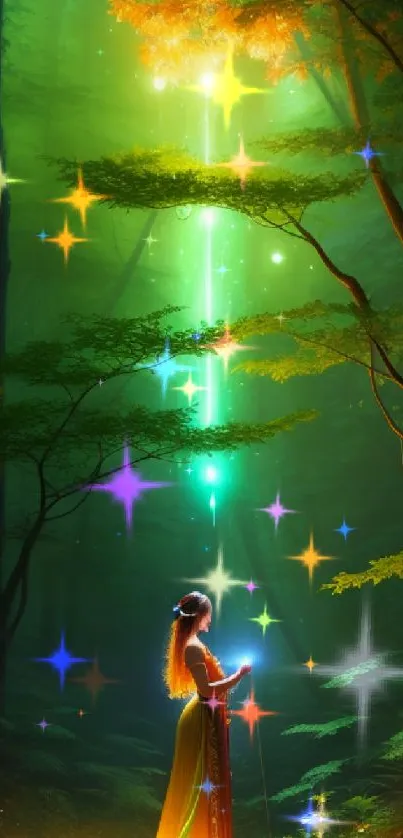 Mystical forest scene with glowing light beam.