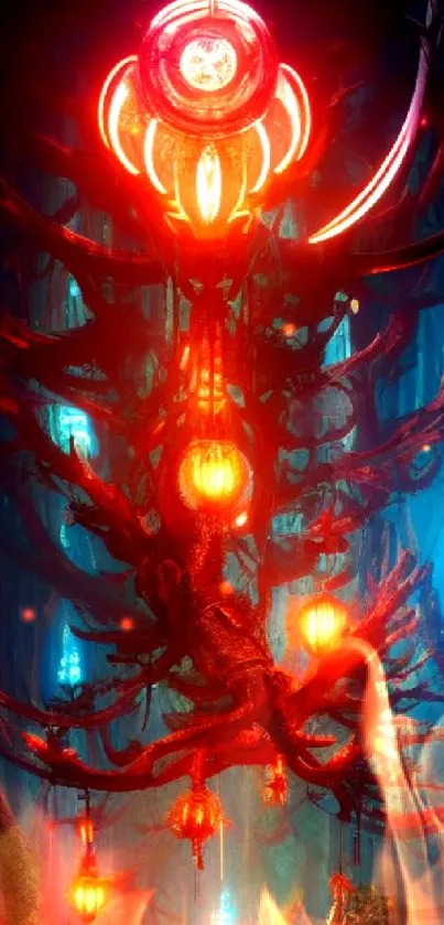 Mystical tree with glowing red lanterns in a surreal forest scene.