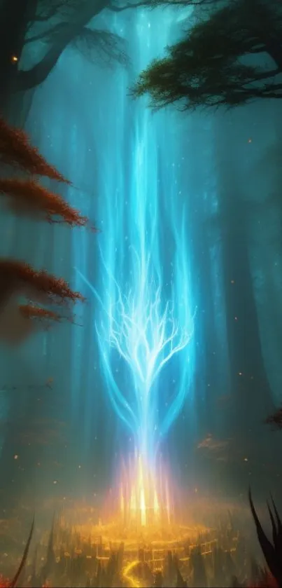 Mystical forest with radiant blue light beam in a serene setting.