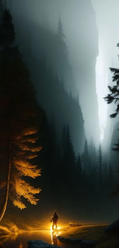 Mystical forest scene with glowing light and tall trees at dusk.