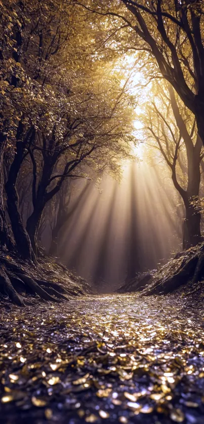 Mystical forest path with golden sunlight streaming through trees.