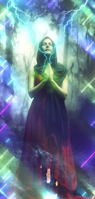 Mystical forest with neon lights and a praying woman.