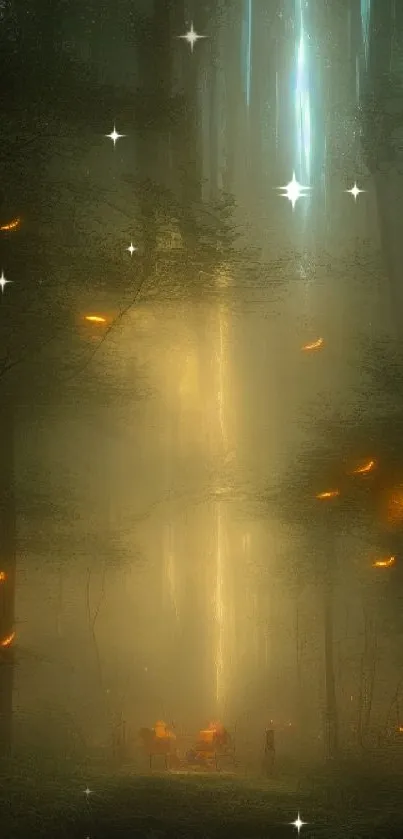 A mystical forest with glowing lights and serene ambiance.