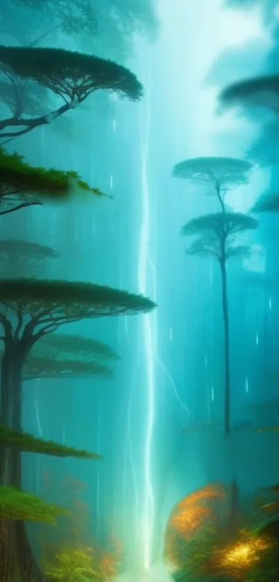 Mystical forest with lightning and turquoise glow.